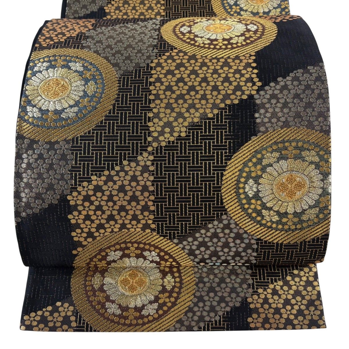 【美品】 袋帯 秀品 証紙 梅鉢 花 箔 金糸 黒 六通 正絹 【中古】