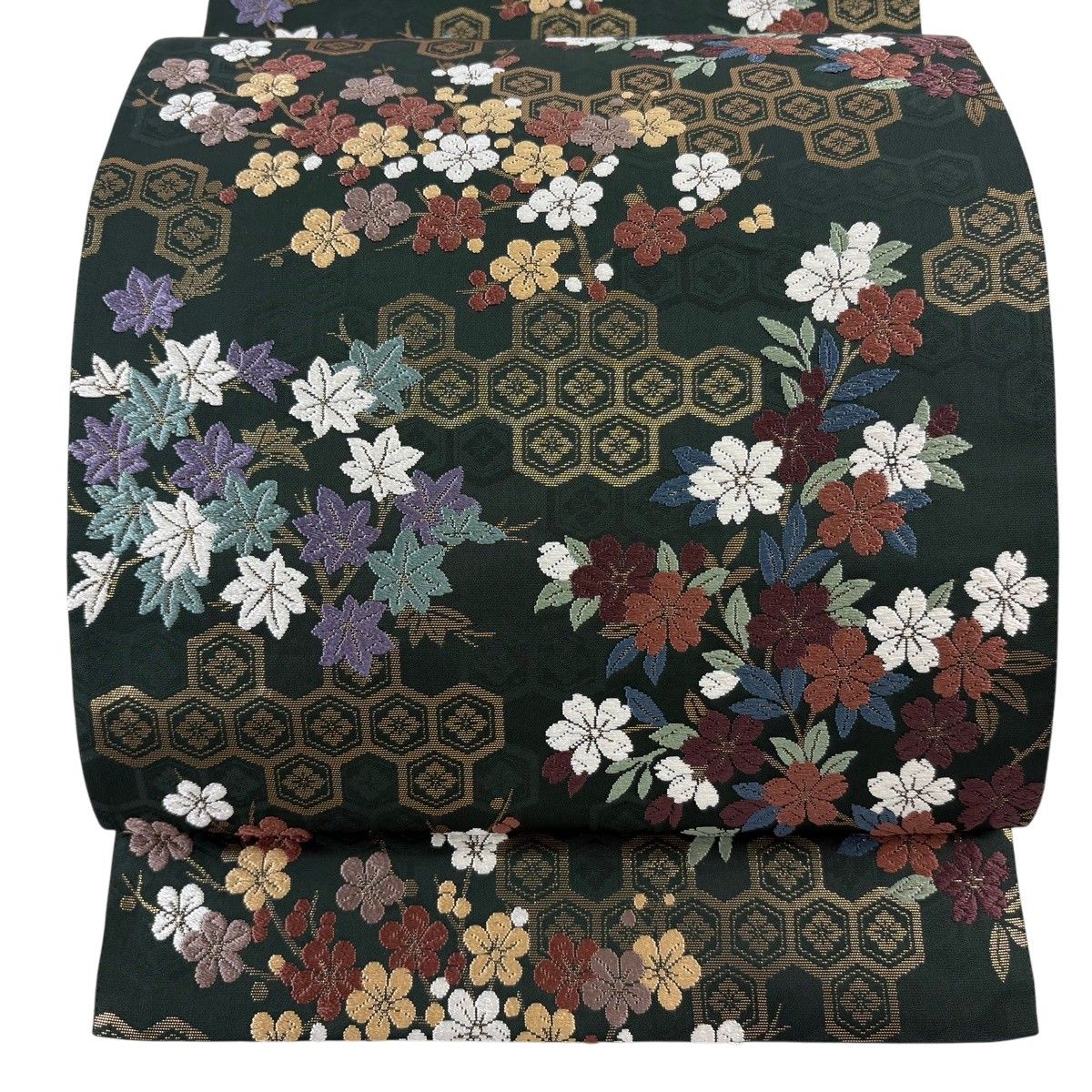 【美品】 袋帯 秀品 亀甲 桜 唐織 箔 深緑 六通 正絹 【中古】