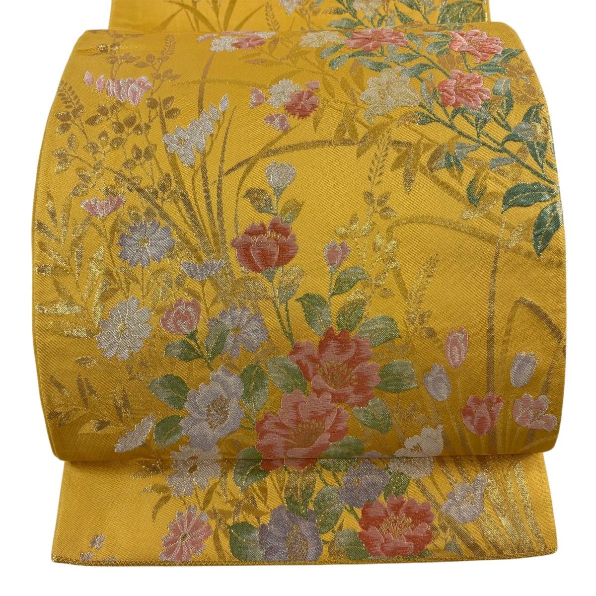 【美品】 袋帯 秀品 草花 箔 唐織 山吹色 六通 正絹 【中古】 6,952円