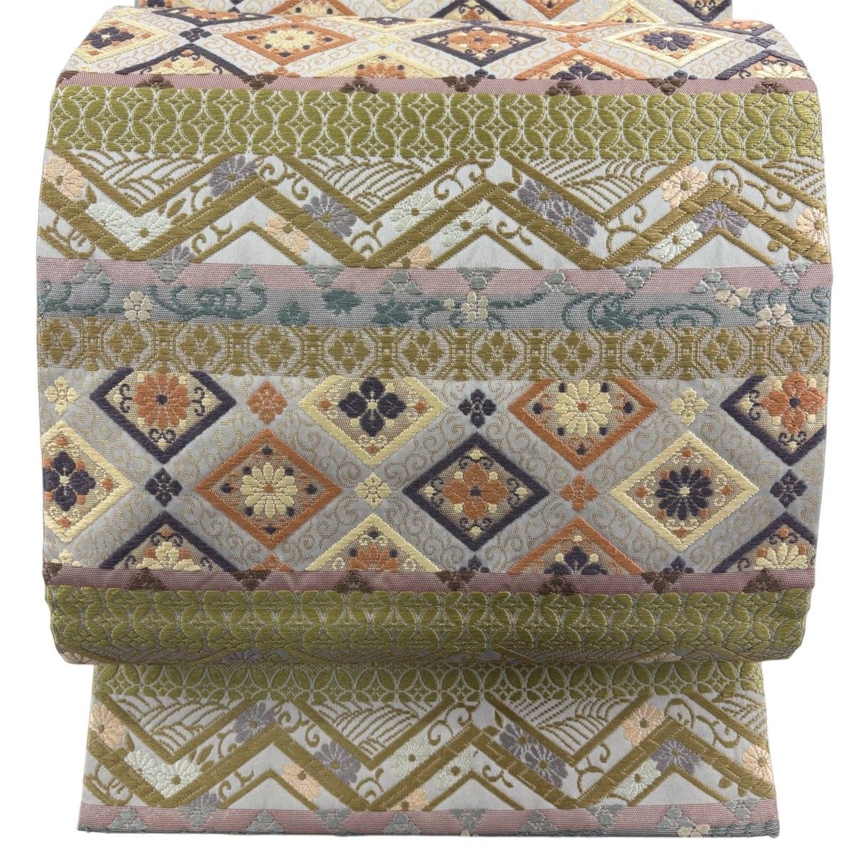 【美品】 袋帯 名品 縞 有職文様 唐織 箔 灰色 六通 正絹 【中古】