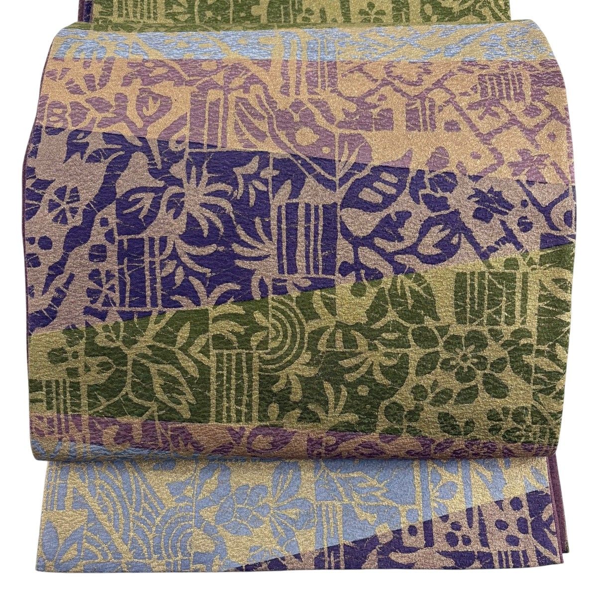 【美品】 袋帯 名品 草花 幾何学 箔 金彩 紫 全通 正絹 【中古】