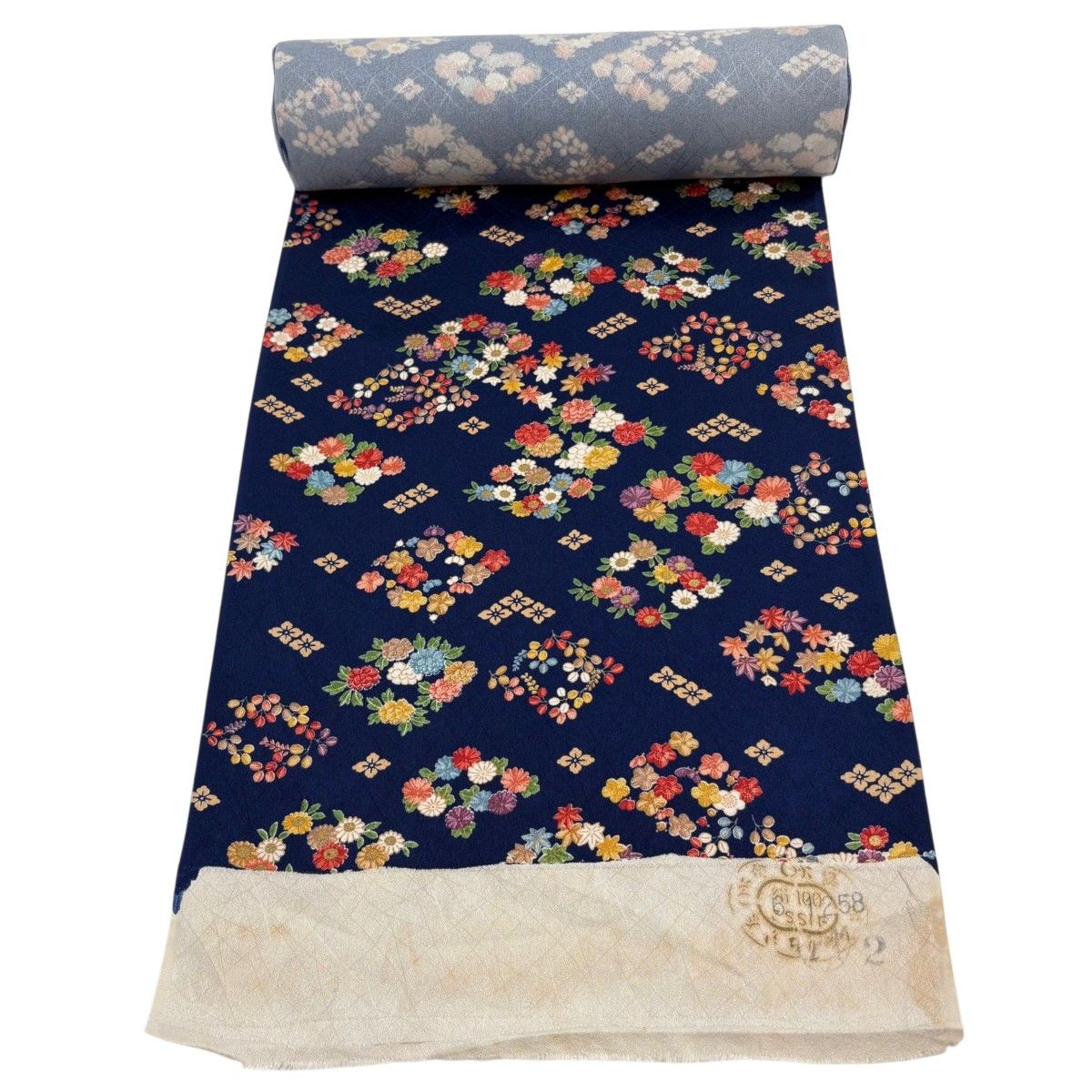反物 秀品 小紋 菊 梅 金彩 濃紺 正絹 【中古】