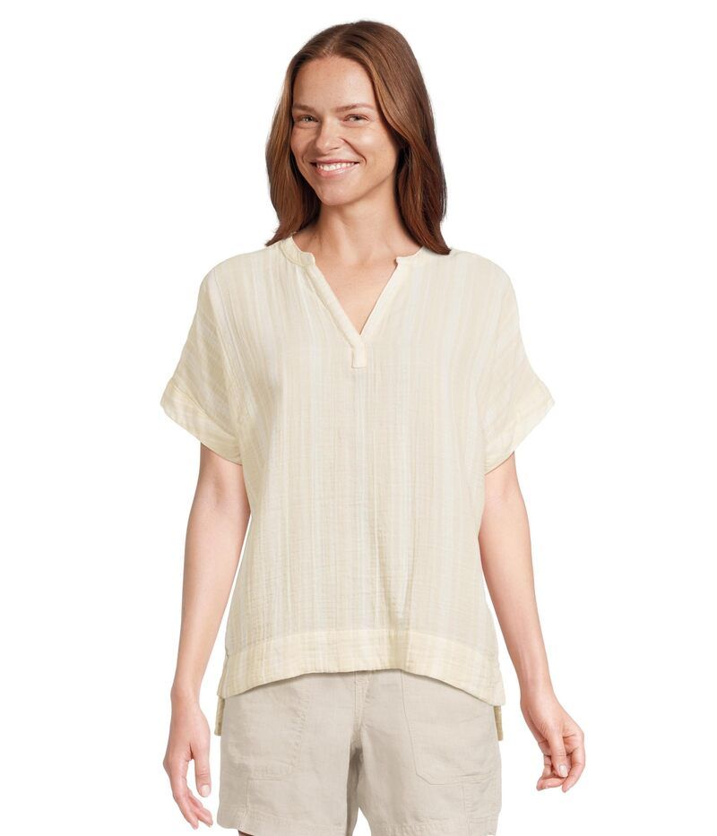 エルエルビーン レディース トップス シャツ Llbean Cloud Gauze Shirt Short Sleeve Sandune Strip サンド