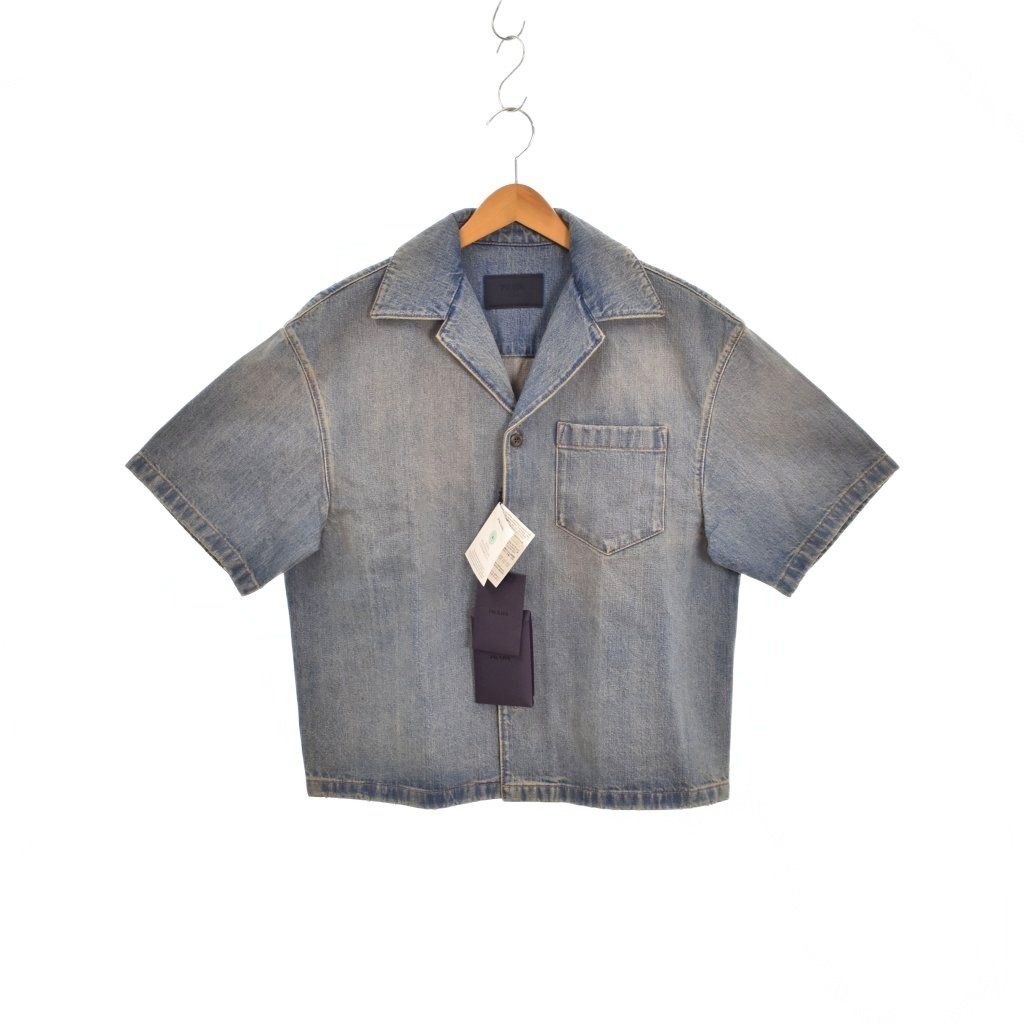 プラダ PRADA デニムボーリングシャツ ブリーチ ロゴパッチ 半袖 XS 水色 ライトブルー インディゴ GEC068