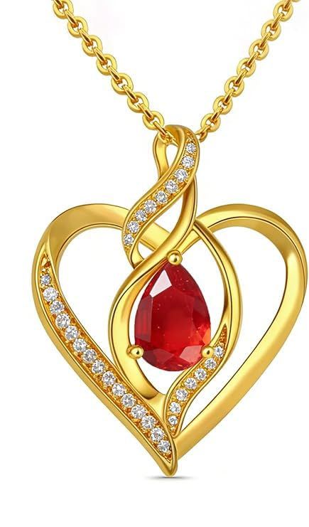ハート レディースネックレス 誕生石 幸運 金属アレルギー対応 ジルコン 18k金メッキ アクセサリー しずく ハート モチーフ ジュエリー ペンダント お守り石 アクセサリー 女性 ホワイトデー 贈り物 付き 7月:ルビー