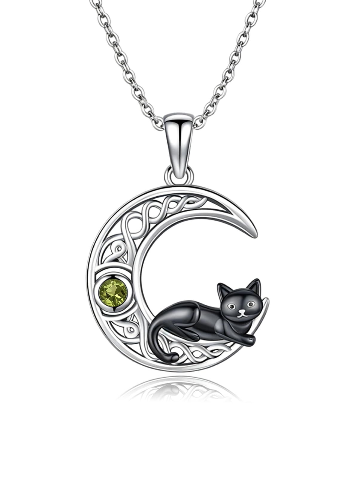 猫 ネックレス レディース 誕生石 金属アレルギー対応 黒猫 ペンダント 8月 緑 三日月 ロジウムメッキ ネコゴッズ ジュエリー 女性 アクセサリー 大人 ホワイトデー お祝い 贈り物 付き