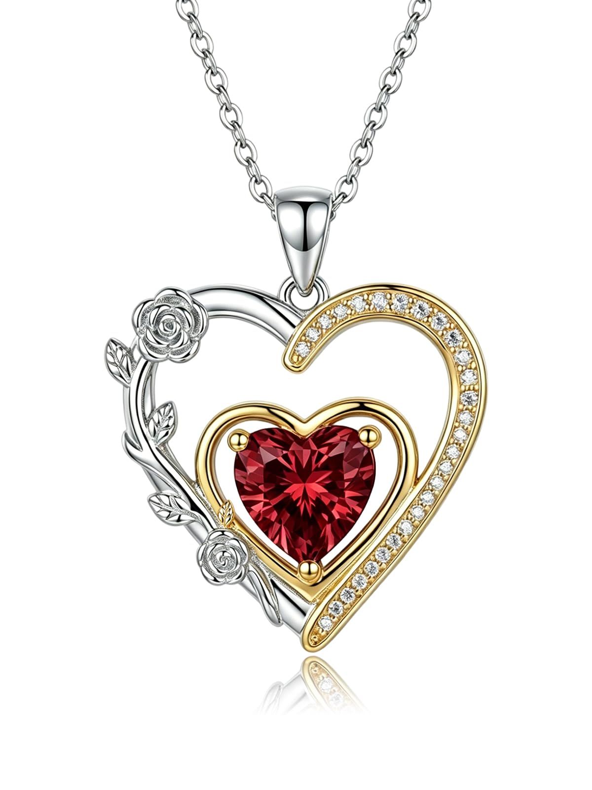 ハート ネックレス レディース 誕生石 金属アレルギー対応 薔薇 ペンダント 7月 レッド 赤 ジルコニア 2連ハート バラ ロジウムメッキ ジュエリー 女性 アクセサリー 大人 首飾り 娘 ホワイトデー お祝い 贈り物 付き