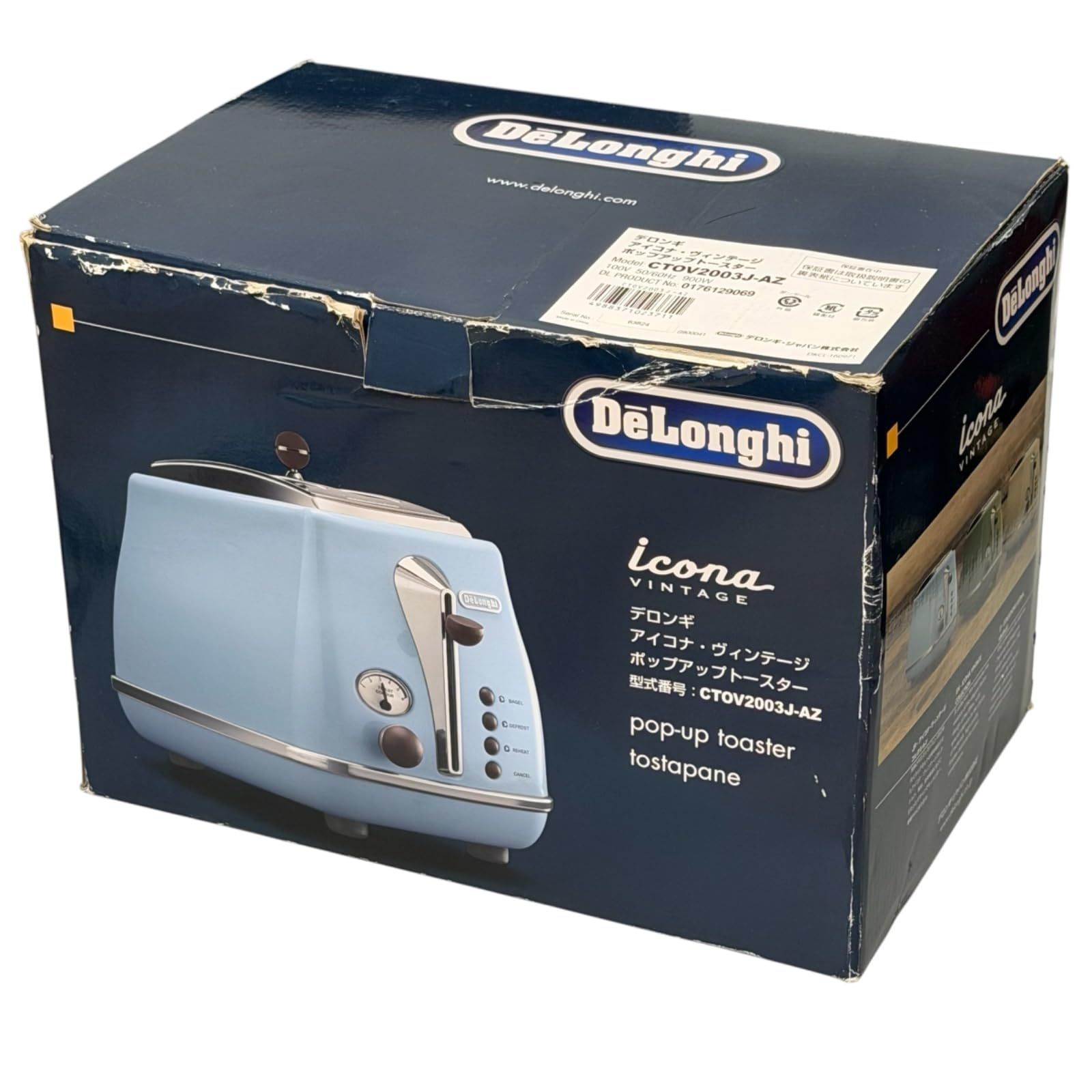 De'Longhi (デロンギ) ポップアップトースター アイコナ・ヴィンテージ CTOV2003J-AZ トースト 食パン 片面焼き可能 4~10枚切り 焼き目調整6段階 埃よけカバー付属 簡単お手入れ [アズーロブルー] DeLonghi 中古0553