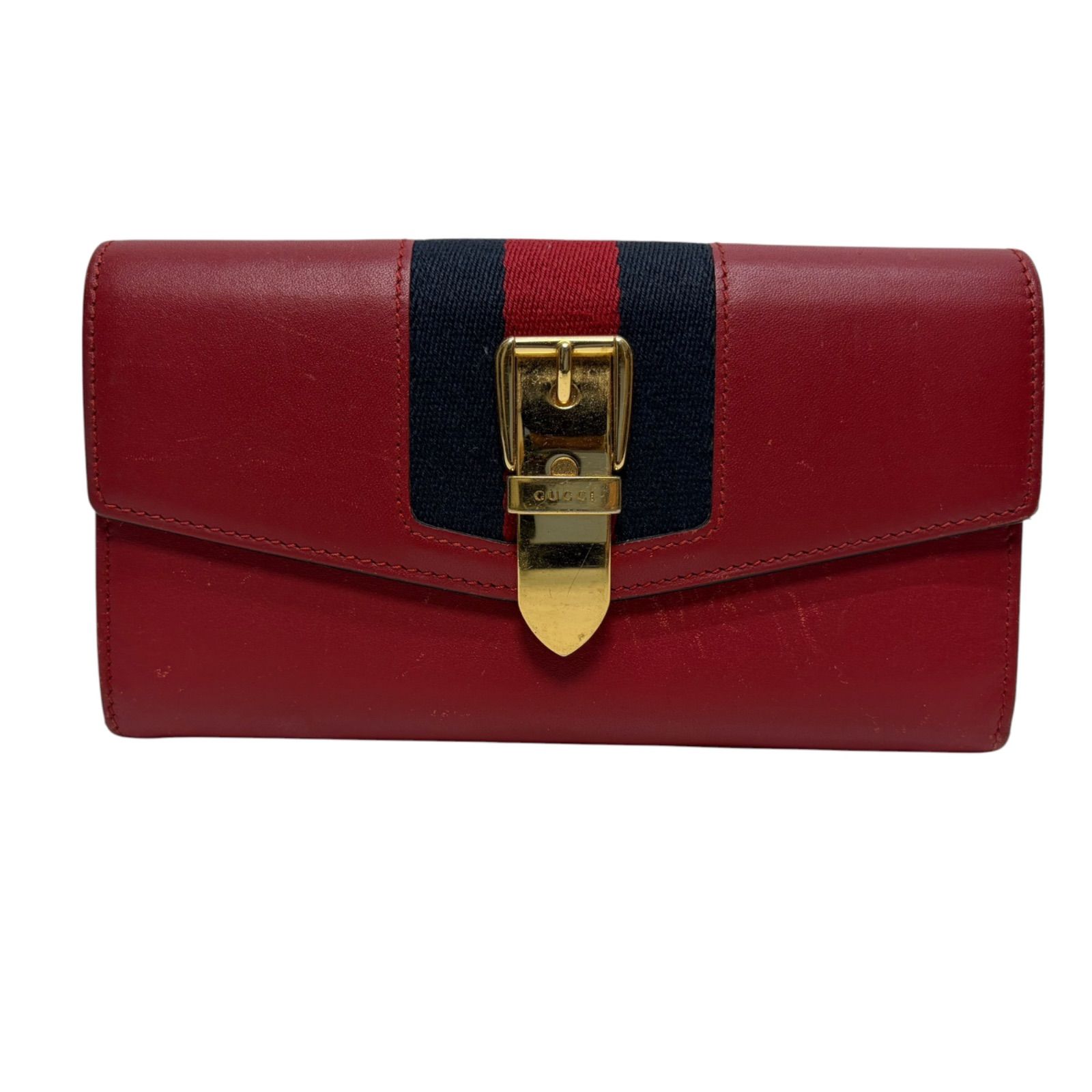 4952 GUCCI グッチ 長財布 シルヴィ レッド レザー フラップ シェリーライン