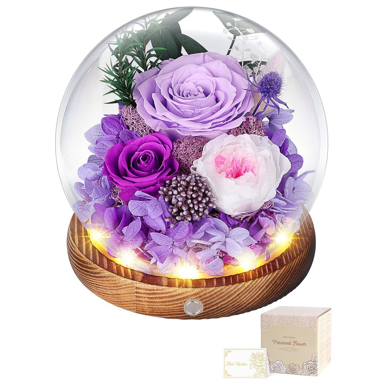 プリザーブドフラワー ガラスドーム 仏壇用 お供え お悔やみ 供え花 紫色 LEDライト付き 女性 誕生日 記念日 お祝い 人気 プレゼント