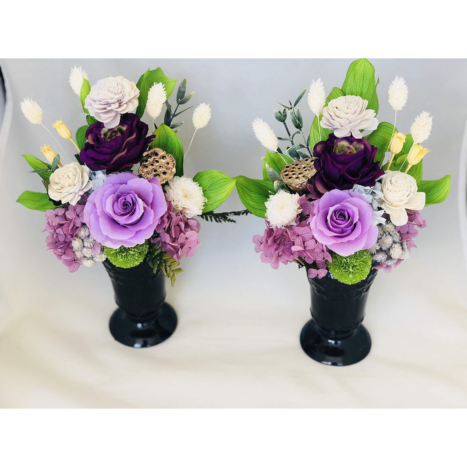 PURIZA プリザーブドフラワー 仏花 仏壇用 お供え花 お悔み お盆 初盆 花 蓮入りアレンジ 日本製 左右対 クリアケース入り ラッピング メッセージカードと説明書付き 時間指定可能 (パープル 左右2点セット)