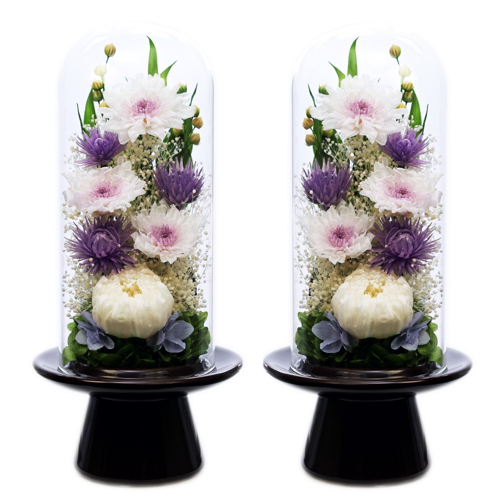 アートフォーシーズン仏花 輪菊 茶系 GlassDome 対デザインSETホワイト プリザーブドフラワー