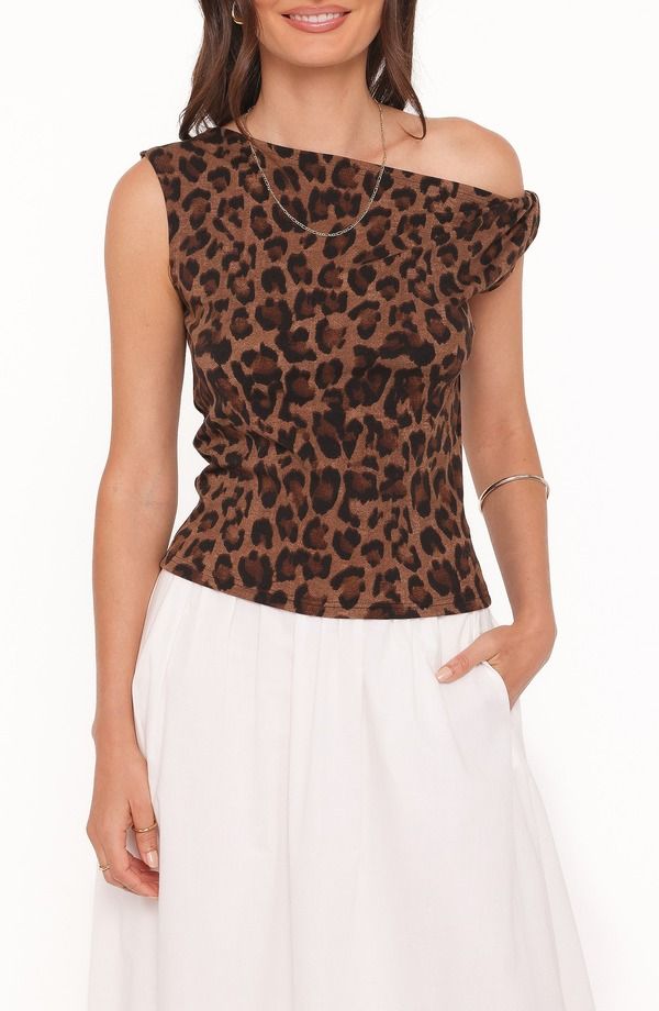 ペタルアンドパップ レディース トップス シャツ プリント ワンショルダー Petal Pup Maelis Leopard Print OneShoulder Top BROWN ブラウン