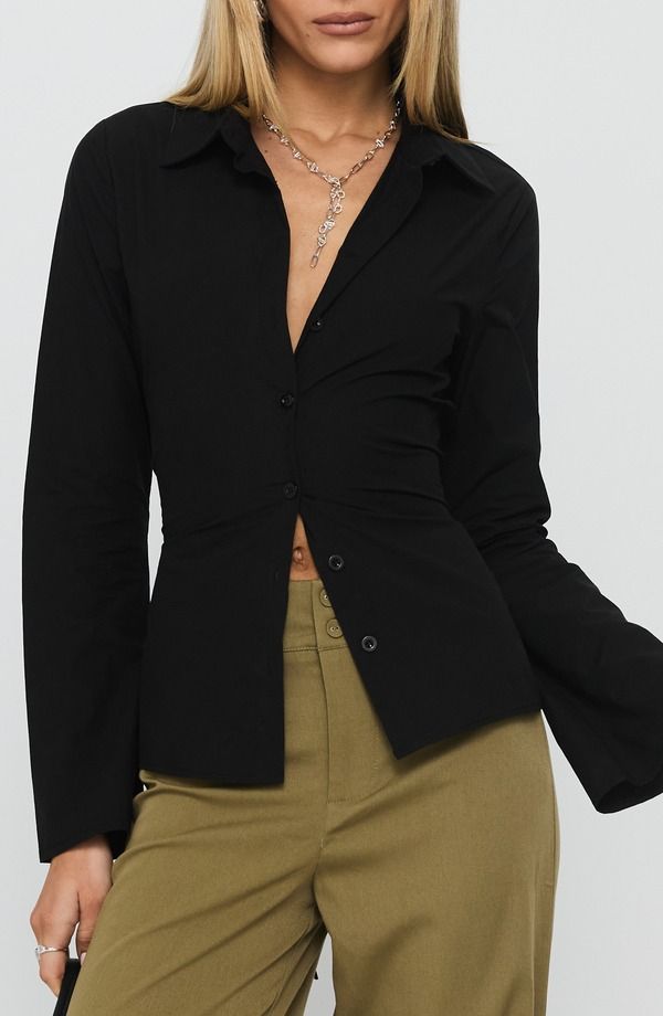 プリンセスポリー レディース トップス シャツ コットン Princess Polly Eryx Tie Back Cotton ButtonUp Shirt BLACK ブラック