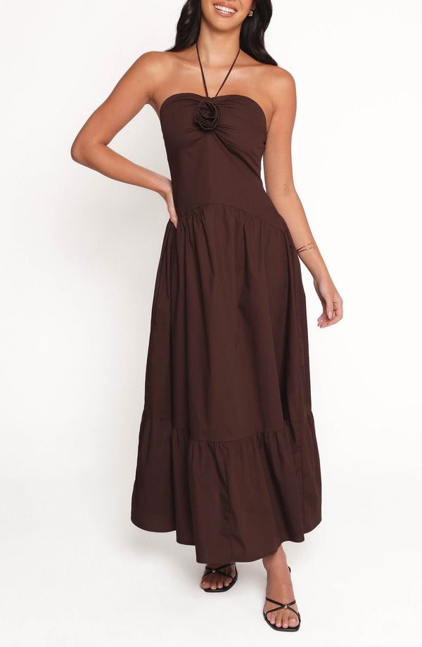 ペタルアンドパップ レディース トップス ワンピース ティアード マキシ ホルター Petal Pup Soleila Rosette Tie red Halter Maxi Dress CHOCOL