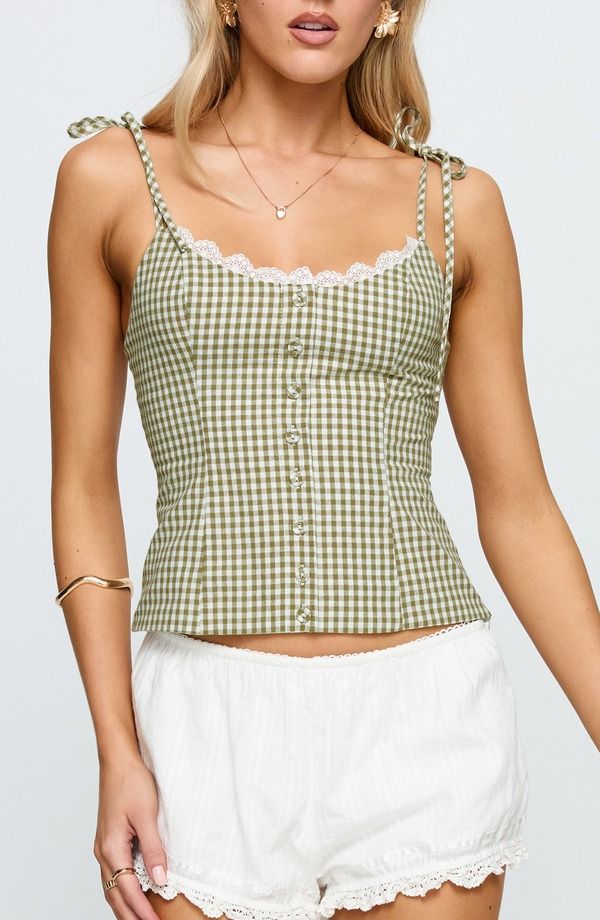 プリンセスポリー レディース トップス シャツ ギンガムチェック ギンガム Princess Polly Dalanie Gingham Camisole GREEN CHECK グリーン