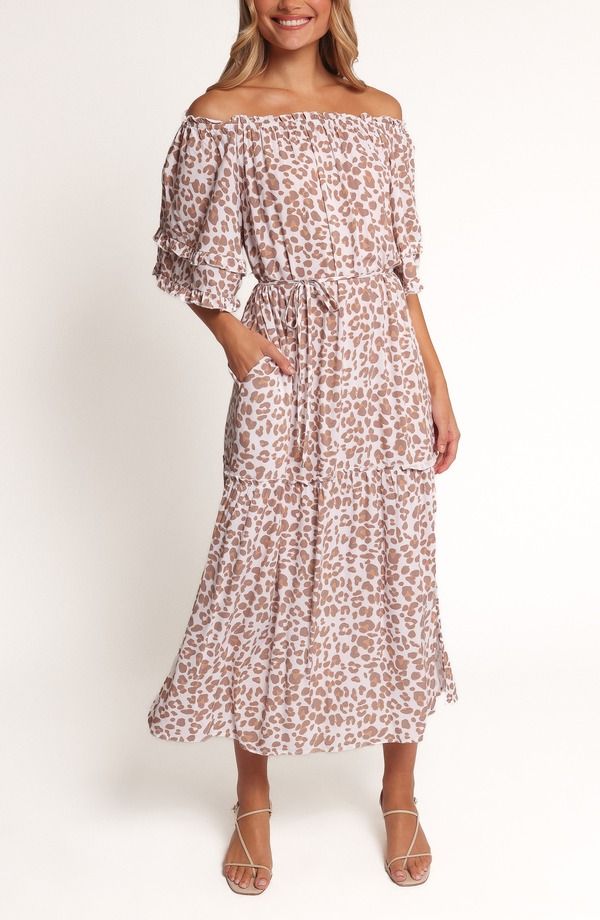 ペタルアンドパップ レディース トップス ワンピース プリント マキシ Petal Pup Rhody Leopard Print Off the Shoulder Maxi Dress WHITE