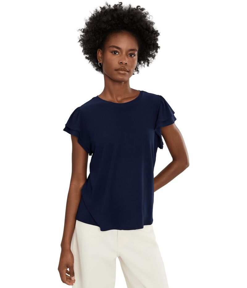 セセ レディース トップス シャツ クルーネック フリル ニット CeCe Double Ruffle Crew Necknitop Classic Navy ネイビー