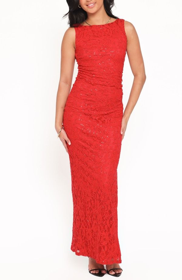 ペタルアンドパップ レディース トップス ワンピース ギャザー スパンコール レース マキシ Petal Pup Ruben Sequin Lace Ruched Maxi Dress RED レッド 18,855円