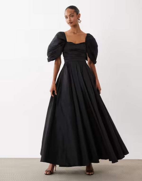 レース アンド ビーズ レディース トップス ワンピース Lace Beads puff sleeve sweetheart neck taffeta gown Black ブラック