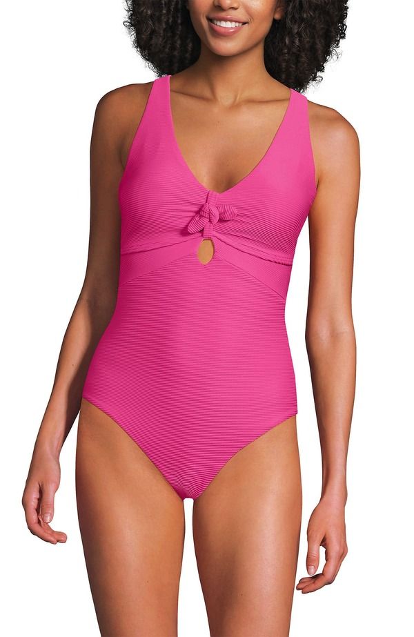 ランズエンド レディース トップス ワンピース リブ Lands End Ribbed Knot Front One Piece Swimsuit Pink Ottoman ピンク
