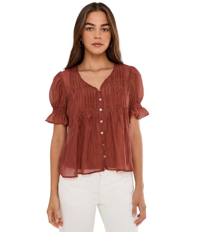 ヴィンスカムート レディース トップス シャツ Vネック Vince Camuto Pintuck Puff Sleeve VNeck Rust ラスト