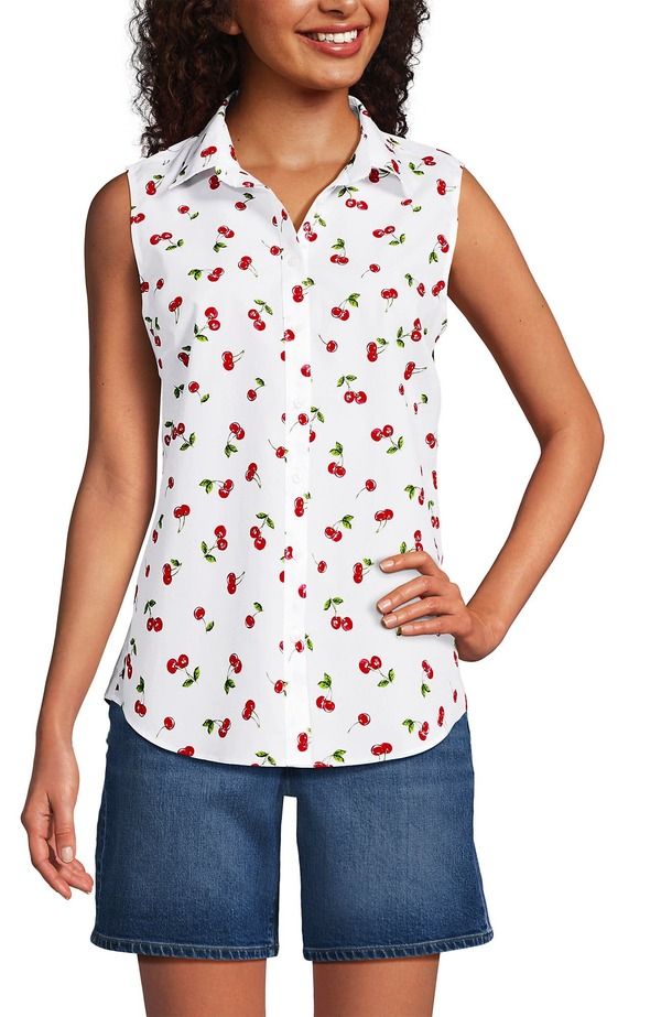 ランズエンド レディース トップス シャツ プチ トール ノースリーブ Lands End Sleeveless No Iron Shirt Petite Regular Tall CherriesW