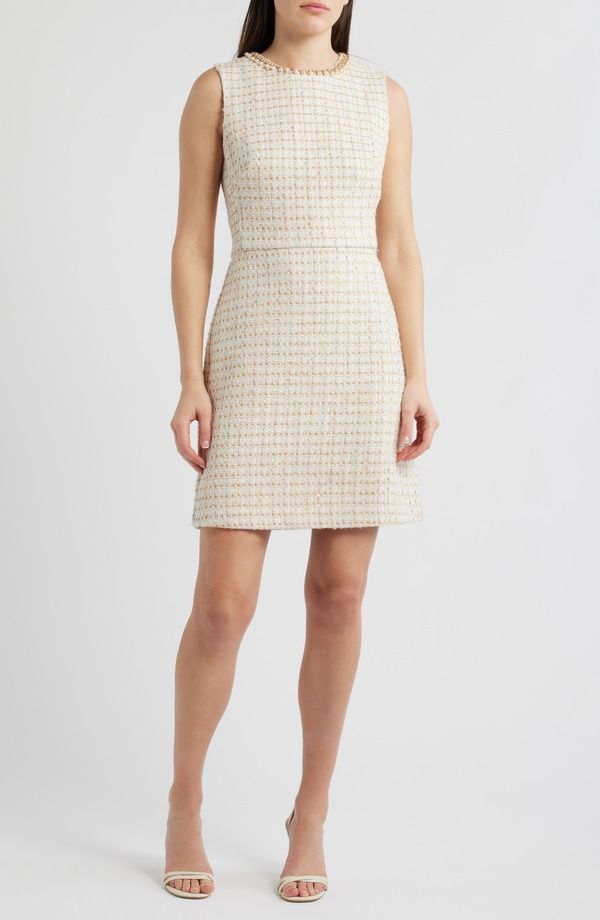 エリザジェイ レディース トップス ワンピース トール ツイード ノースリーブ Eliza J Metallic Tweed Sleevelessheath Dress IVORY アイボリー