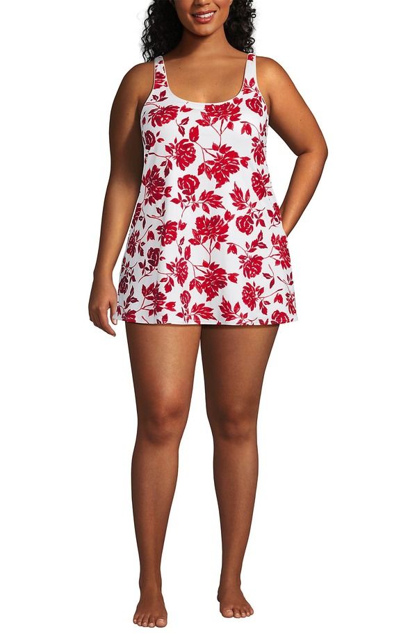 ランズエンド レディース トップス ワンピース プラスサイズ プチ ミニ トール Lands End Scoop Neck Mini Swim Dress One Piece Swimsuit Pet