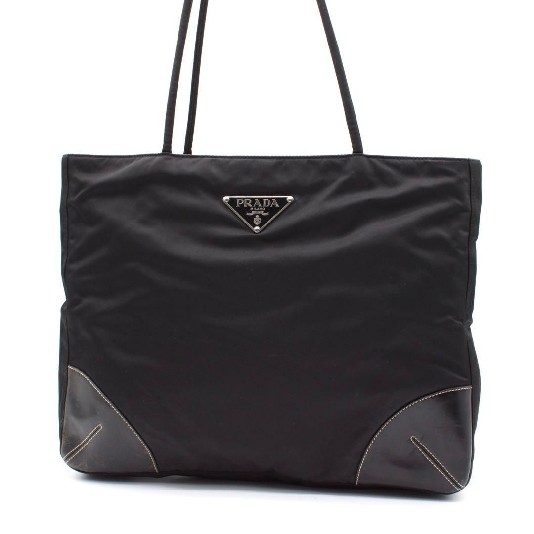 PRADA 三角ロゴプレート トートバッグ 肩掛け ナイロン レザー ブラック