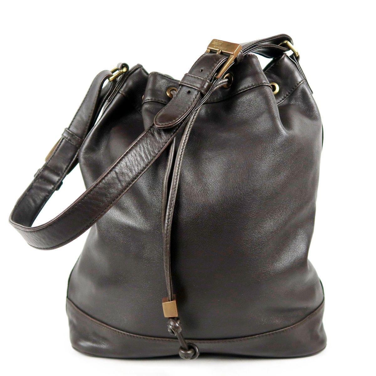 【美品】RALPH LAUREN ラルフローレン 巾着型 ショルダーバッグ オールレザー ブラウン ブランド鞄【UX95】