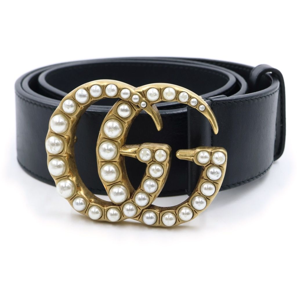 GUCCI (グッチ) ダブルG ロゴバックル パール レザーベルト ゴールド金具 ブラック 453260