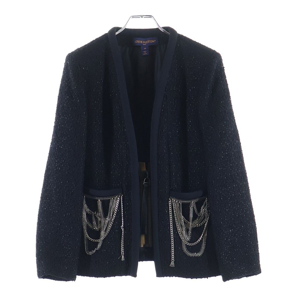 LOUIS VUITTON (ルイヴィトン) ウール×ナイロン ツイードジャケット チェーン付 ノーカラージャケット #34 ブラック RW241WA GFE FQVB96