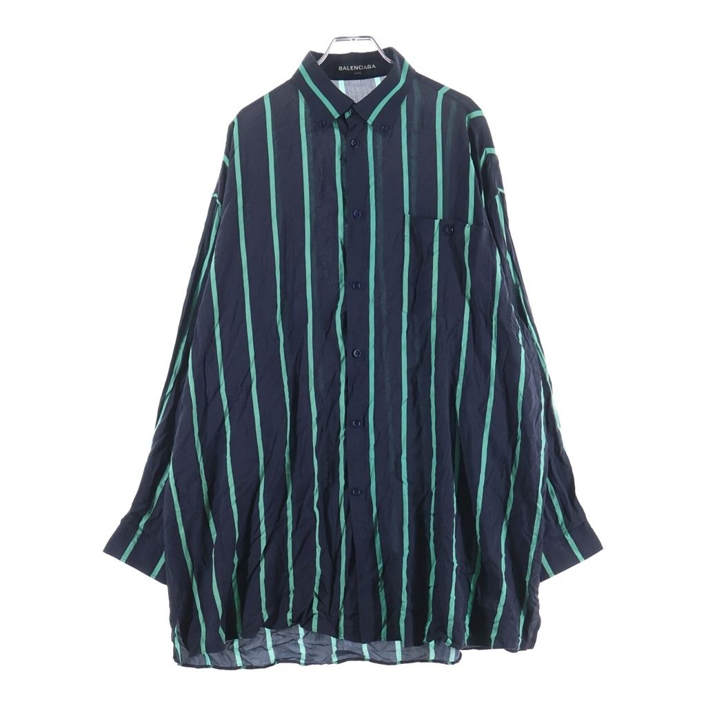 BALENCIAGA (バレンシアガ) ロングシャツ ストライプ長袖シャツ ブラック/グリーン 508453 TYA05