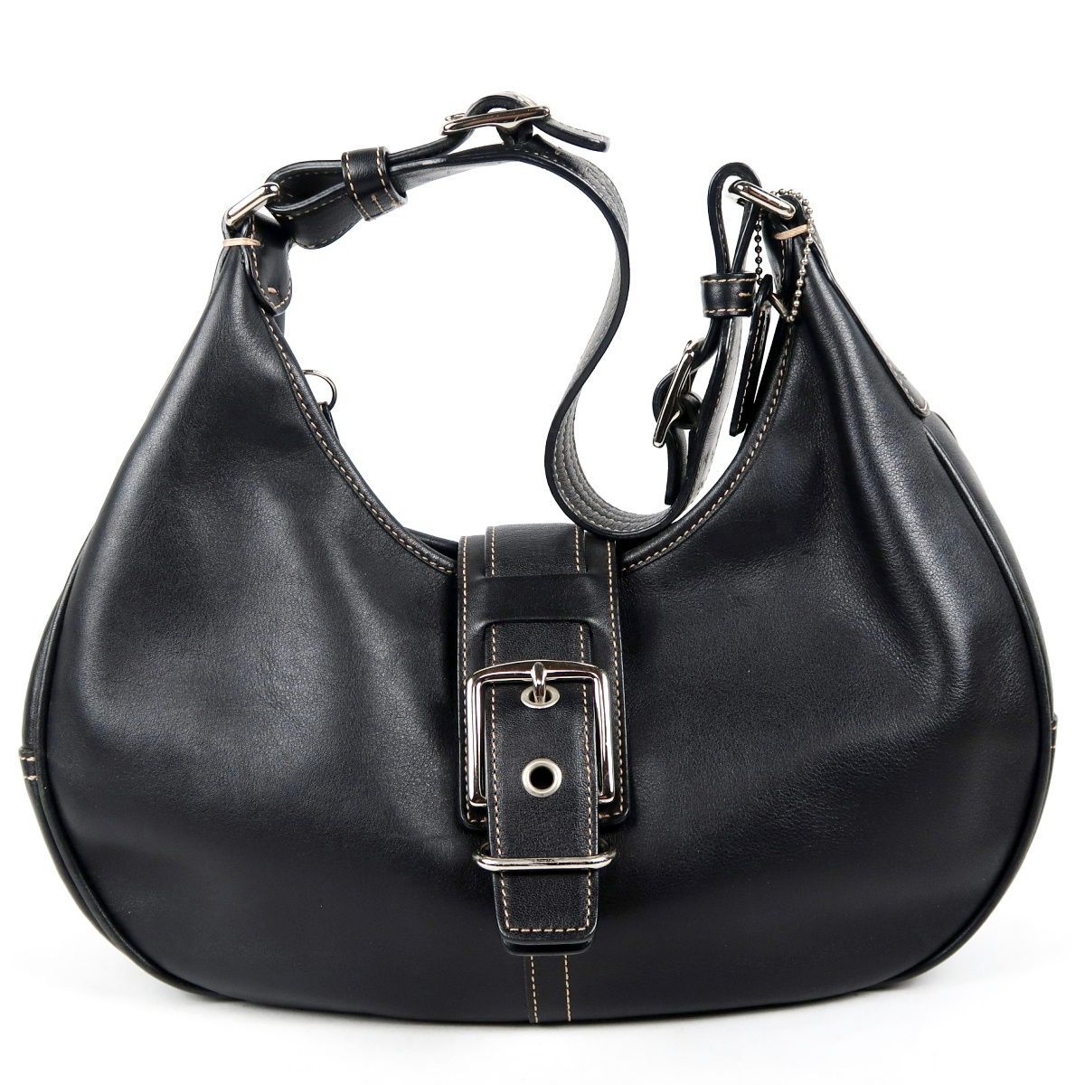 【美品】COACH コーチ オールレザー ワンショルダー 肩掛けバッグ ブラック×シルバー金具 ブランド鞄【VA58】