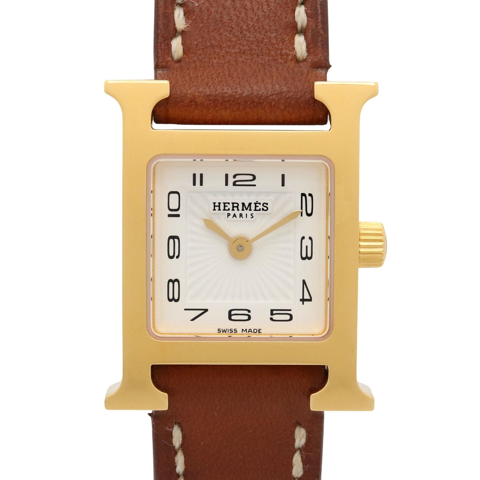 エルメス HERMES 腕時計 Hウォッチ ミニ HH1.101 ホワイト GP（ゴールドメッキ） レザーベルト Hウォッチ ミニ レディース Used A 110,900円