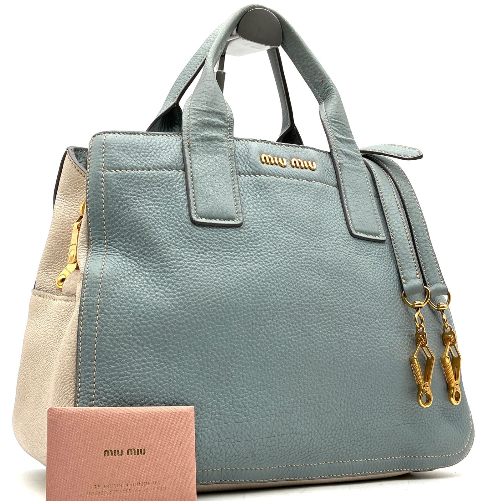 美品 ミュウミュウ Miu Miu 2way ハンドバッグ ショルダーバッグ レザー バイカラー ブルー アイボリー 白タグ ゴールド金具 鞄 肩掛け 斜め掛け 残暑 帰省 シルバーウィーク 敬老の日 秋休み 行楽 ハロウィン 七五三 ギフト プレゼント