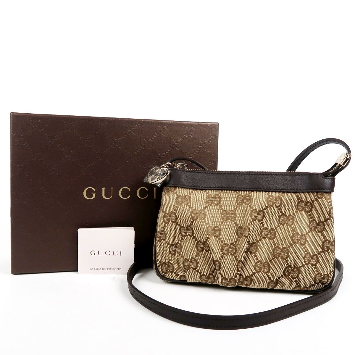 【超美品】GUCCI グッチ イタリア製 GGキャンバス ハートチャーム ミニショルダーバッグ アクセサリーポーチ 小物入れ 256899【VC46】