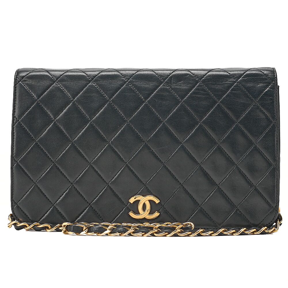CHANEL ラムスキン マトラッセ フルフラップ 23cm プッシュロック チェーンショルダー 黒（ゴールド金具）ブランド【中古】【送料無料】 144,000円