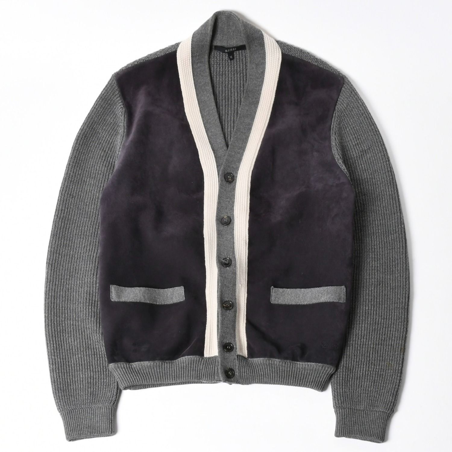 GUCCI グッチ レザー切替ウールカーディガン 323162 Z6650 グレー ネイビー バイカラー Mサイズ ウール レザー(スエード) 美品 中古 4a005714