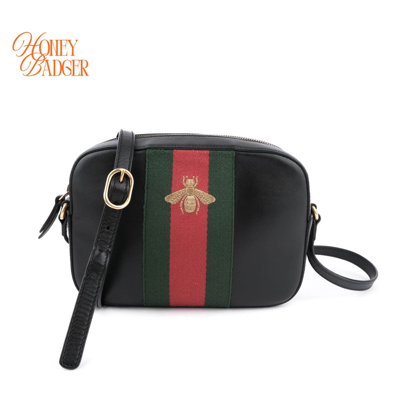 【象徴的ビー刺繍・人気モデル】グッチ GUCCI ビー ウェブ カメラバッグ ショルダーバッグ ブラック 黒 BLACK レザー 412008 レディース