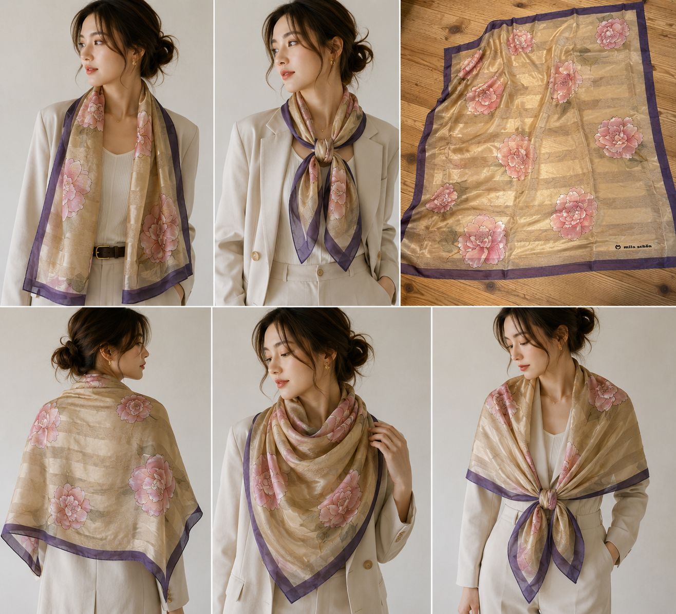 Vintage Mila Schön Silk Scarf Pink Floral Gold Stripe Sheer Purple Border Italy