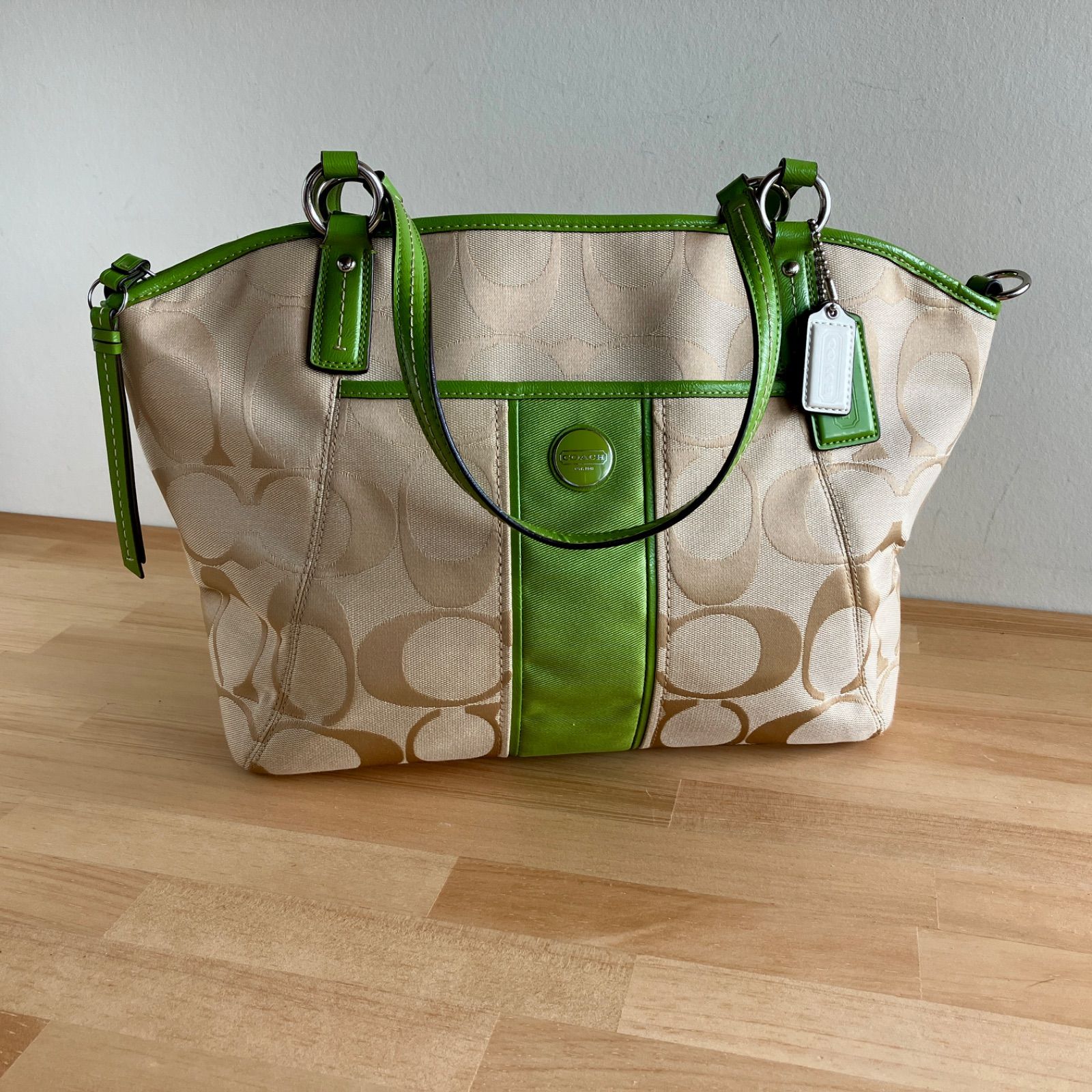 Vintage Coach Signature Stripe Tote Shoulder Bag Lime Green Khaki Y2K
