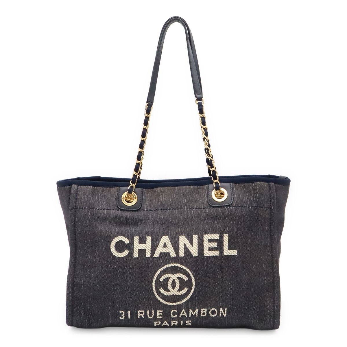CHANEL シャネル ドーヴィルライン トートMM ミディアム トートバッグ ショルダーバッグ チェーンショルダー デニム ネイビー ゴールド金具 A67001