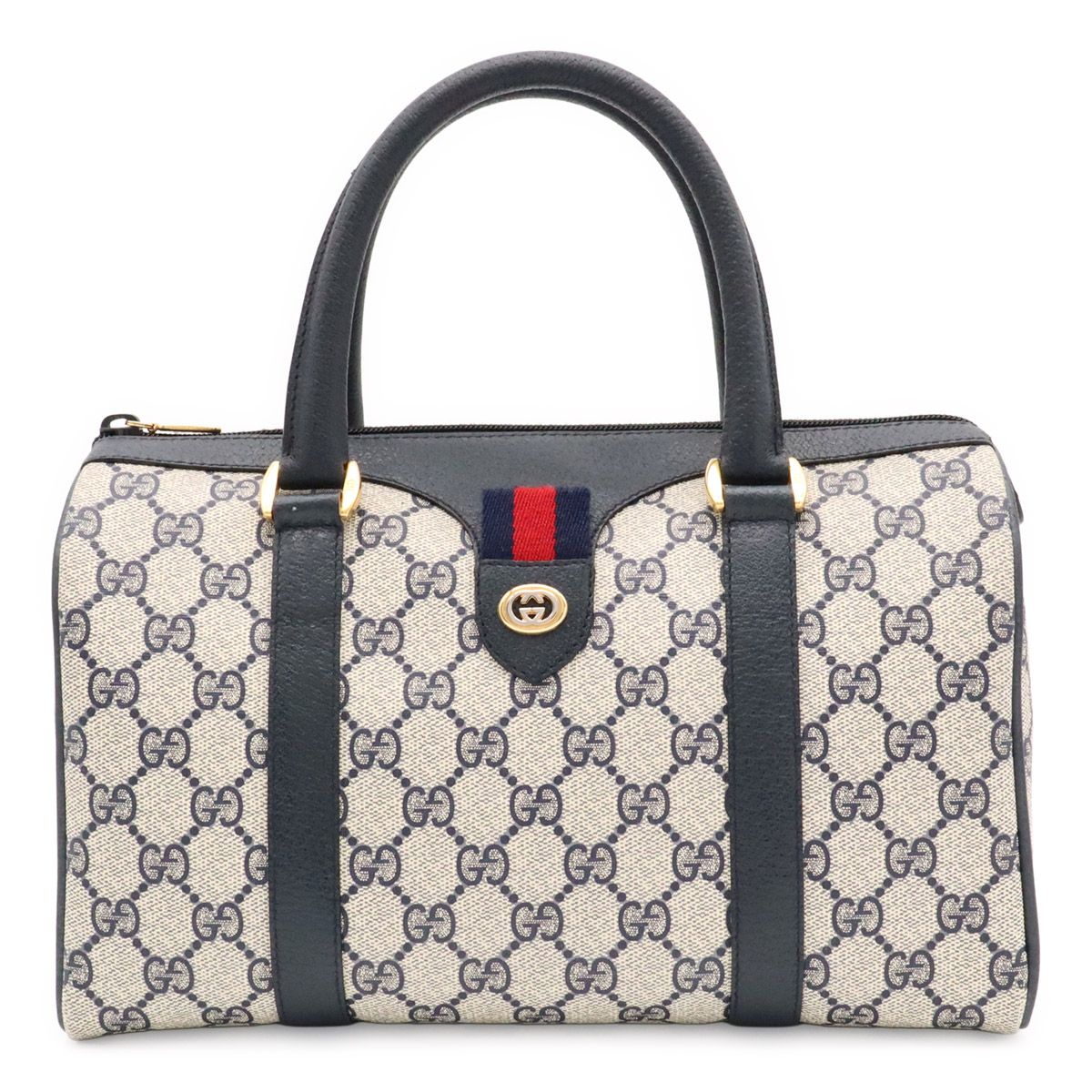 GUCCI グッチ オールドグッチ GGプラス シェリーライン ハンドバッグ ミニボストンバッグ PVC レザー ベージュ ネイビー 紺 116.02.006