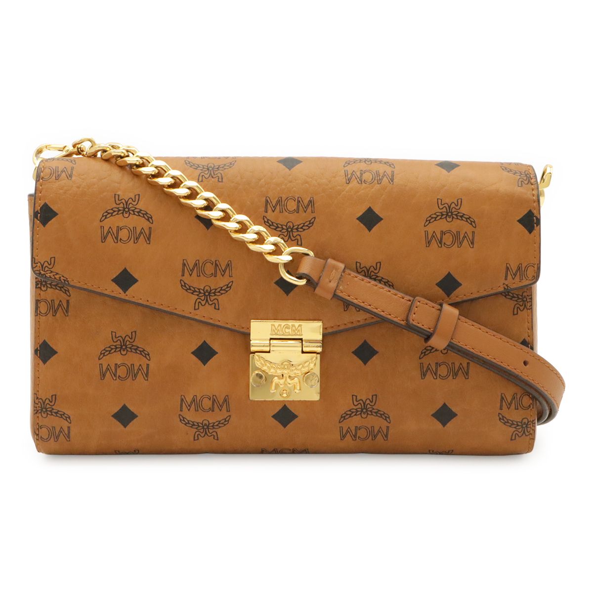 MCM エムシーエム ヴィセトス ロゴグラム ショルダーバッグ チェーンショルダー 2WAY クラッチバッグ コーテッドキャンバス コニャック ブラウン