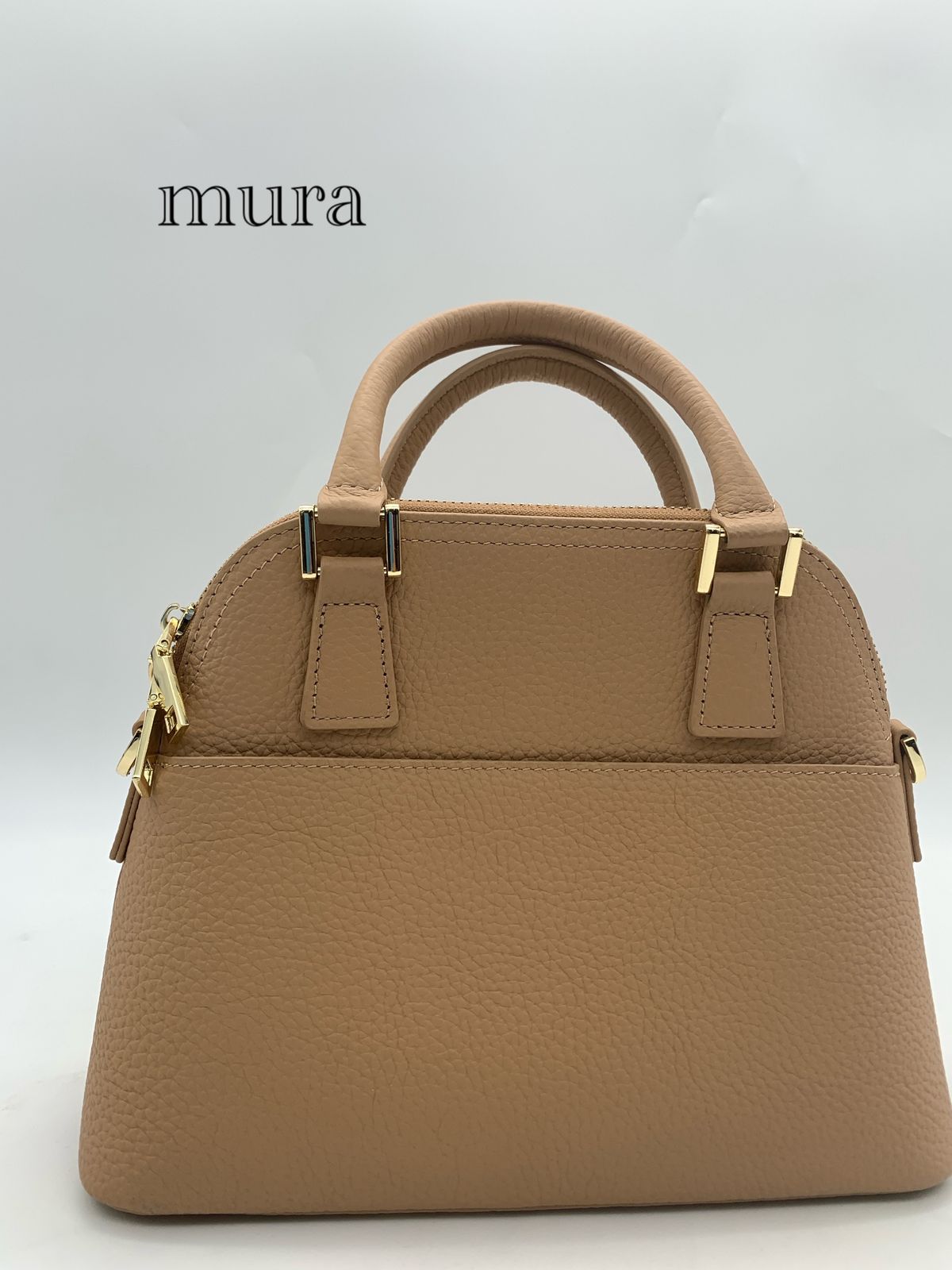 mura ムラ シュリンクレザー ショルダーバッグ ミニハンドバッグ ダブルファスナー ベージュ stb152