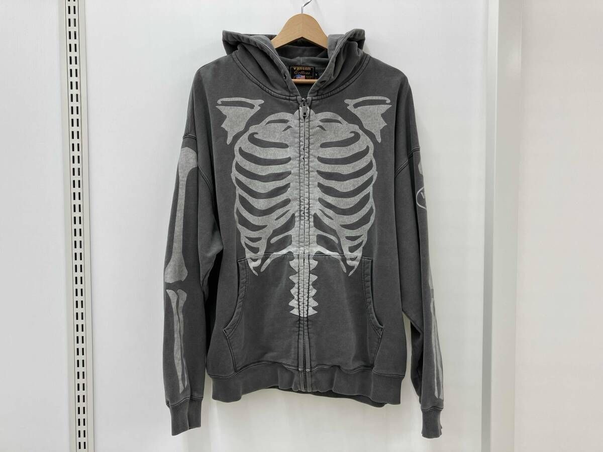 VANSON ボーンプリントジップパーカー Lサイズ グレー バンソン