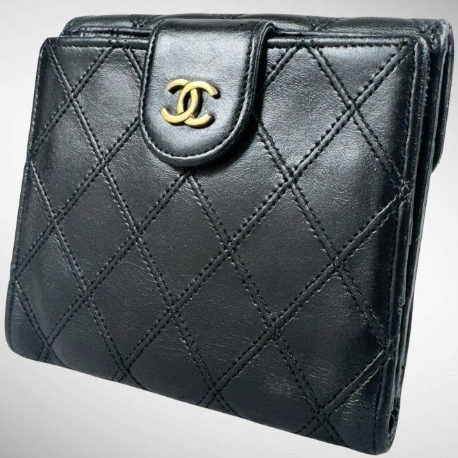 【美品】CHANEL シャネル ココマーク ビコローレ Wホック コンパクト 二つ折り 財布 ブラック