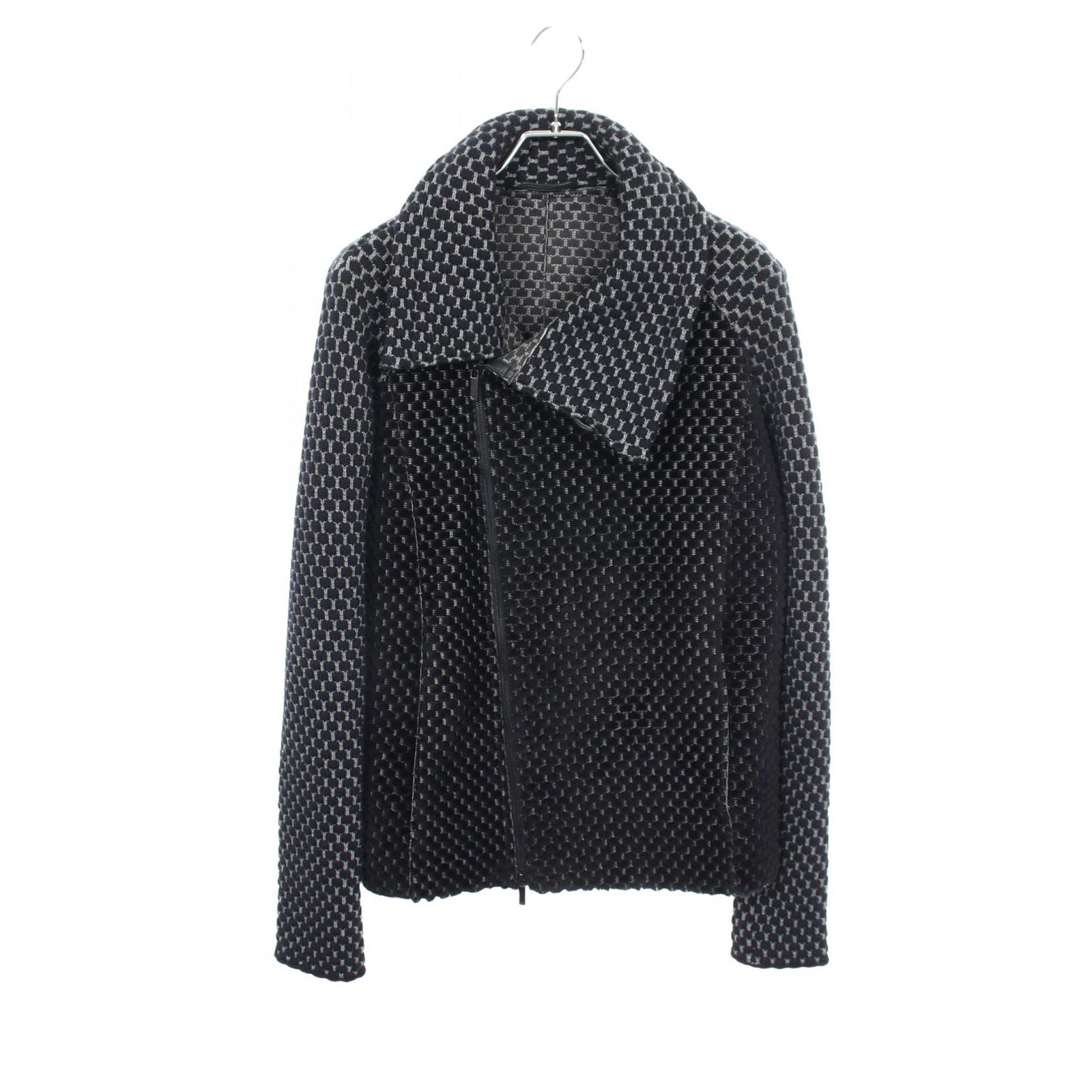 エンポリオ・アルマーニ Emporio Armani 革ジャン 格子ジャガード ニット 切替 レザー ウール ジャケット メンズ Used A 34,970円